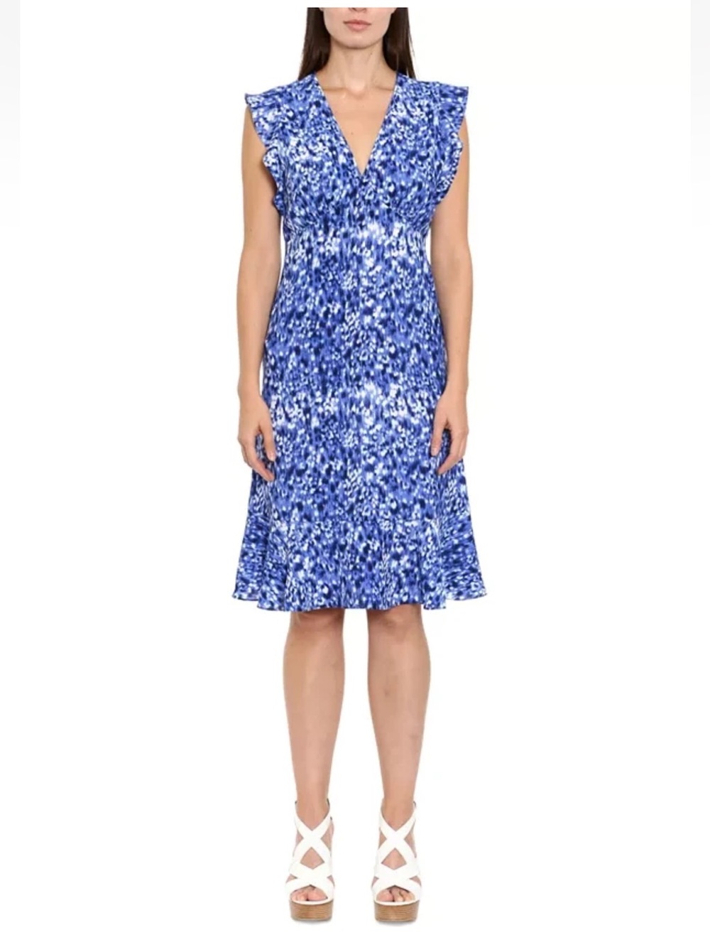 Michael Kors Blue & White Printed Flutter Sleeve Dress Size M